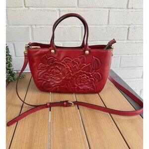 Patricia Nash Fairford Berry Red Tooled Embossed Leather Convertible Satchel Bag